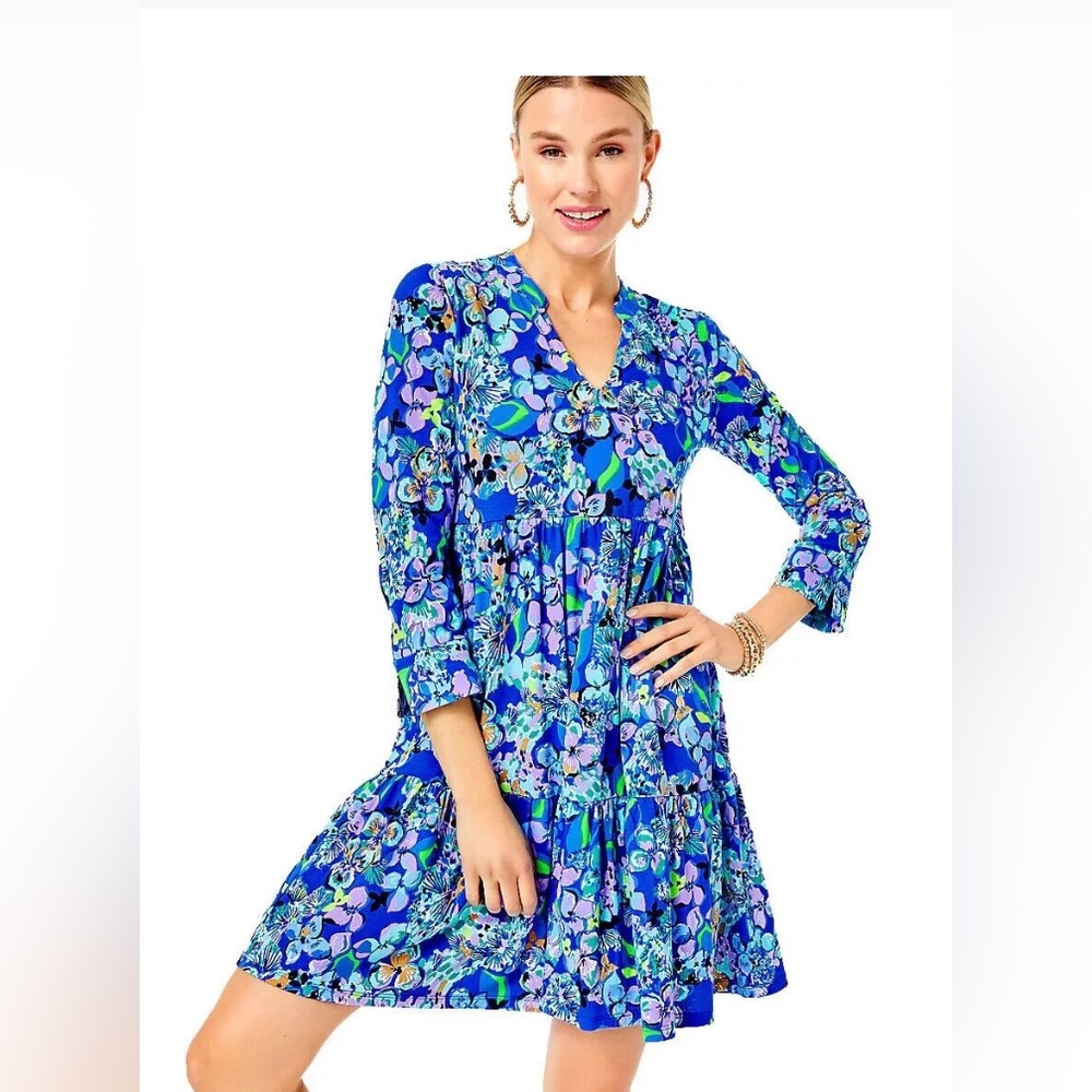Lilly Pulitzer Alaina Blue Grotto Twilight Tropics Sleeves‎ Dress Sz M Knit